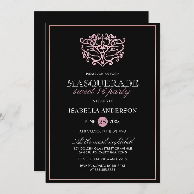 Invitación Elegante zinc metálico Rubor rosado Masquerade Swe (Anverso / Reverso)