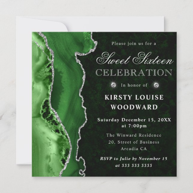 Invitación Elegantemente Verde Plata Brillo Ágata Dulce 16 (Anverso)