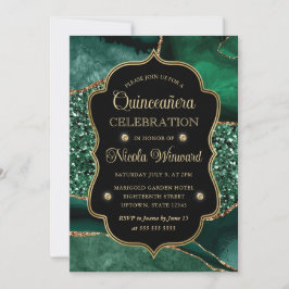Invitación Elegantemente Verde y Dorado Agate Quinceañera con
