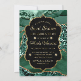 Invitación Elegantemente Verde y Dorado Glitter Agata Cumplea