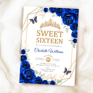 Invitación Elegantes 16 Rosas Azules Reales Doradas