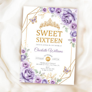 Invitación Elegantes 16 Rosas Lilas Purpúreas Doradas Dulces