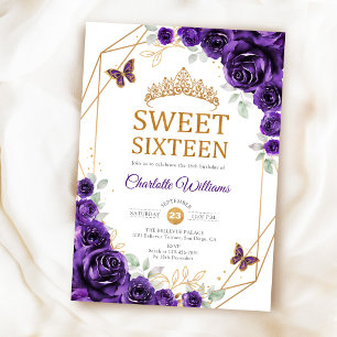 Invitación Elegantes 16 Rosas Purpúreas Doradas