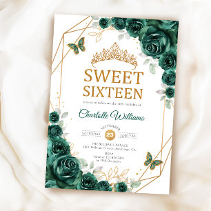 Invitación Elegantes 16 Rosas Verdes Esmeralda Doradas