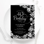 Invitación Elegantes 40 años Rosas de plata negra<br><div class="desc">Invitación a la fiesta de cumpleaños 40 con flores de plata negra. Diseño elegante con rosas, Relieve metalizado falso plateado y tipo de letra de guión de tipografía. La carta de invitación a la moda es perfecta para una elegante celebración de cumpleaños femenina. Se puede personalizar a cualquier edad. Personaliza...</div>