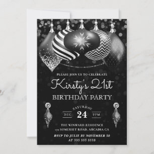 Invitación Elegantes adornos de cumpleaños de invierno en neg