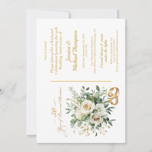 Invitación Elegantes Anillos de Oro con Rosas Blancas por el  (Anverso)
