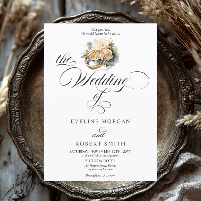 Invitación Elegantes anillos de oro de caligrafía y boda de r (Watercolor gold wedding rings with flowers modern script wedding invitation)