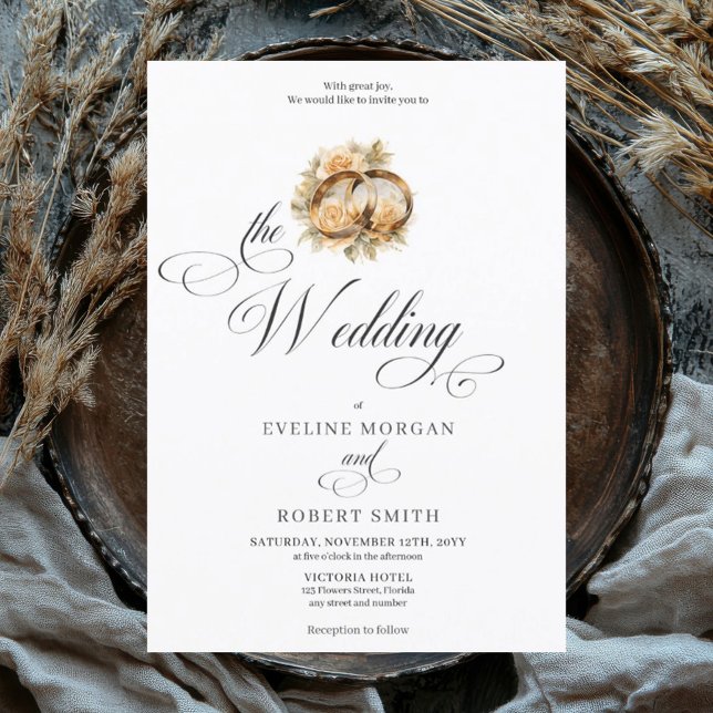 Invitación Elegantes anillos de oro de caligrafía y boda de r (Elegant script font watercolor gold wedding rings wedding invitation)