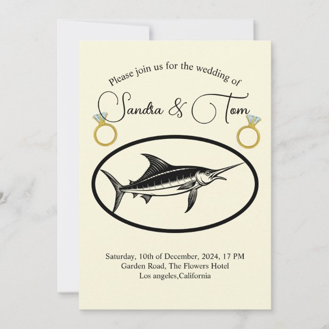 Invitación Elegantes anillos dorados y boda de peces de marli (Anverso)