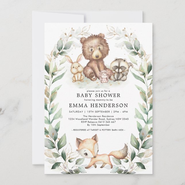 Invitación Elegantes animales de Woodland Baby Shower Greener (Anverso)