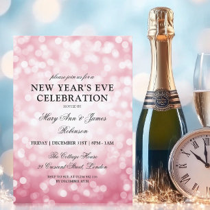 Invitación Elegantes Año Nuevo Eve Luces Rubor Rosa Bokeh