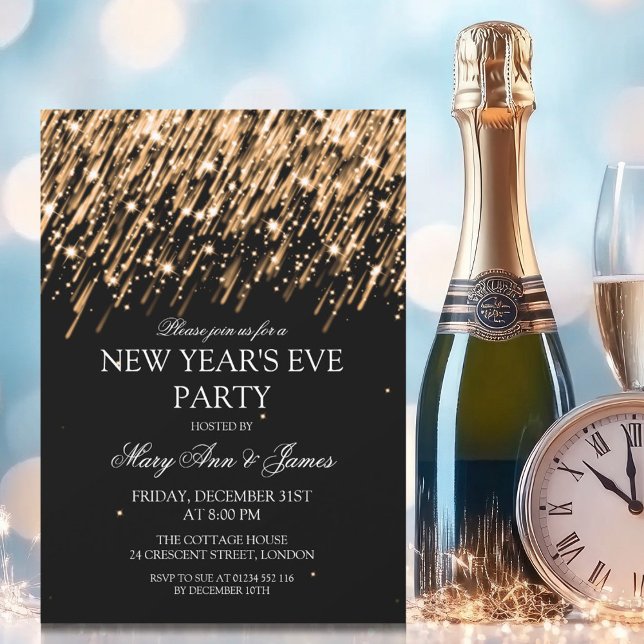 Invitación Elegantes Año Nuevo Fiesta Estrellas de Oro y Espa (Elegant New Years Eve Party Gold Stars & Sparkles Invitation)