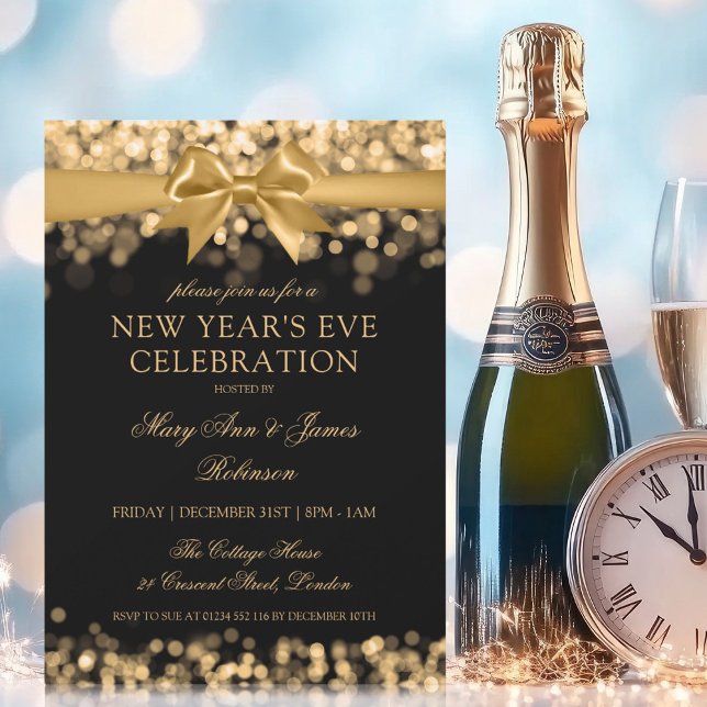 Invitación Elegantes Años Nuevos Eve Luces De Luces De Lumino (Elegant New Years Eve Gold Shimmer Lights Bow Invitation)
