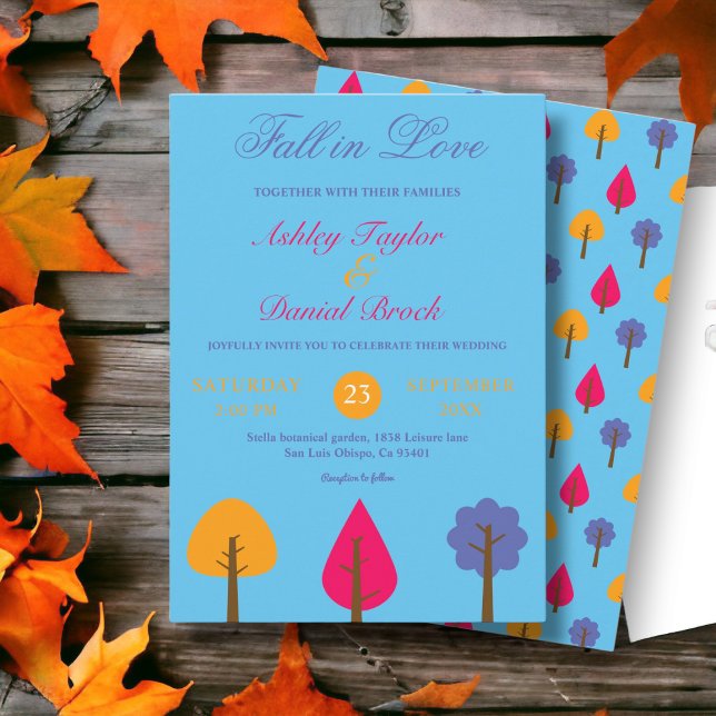 Invitación Elegantes árboles coloridos Azul Rústico Boda de v (Subido por el creador)