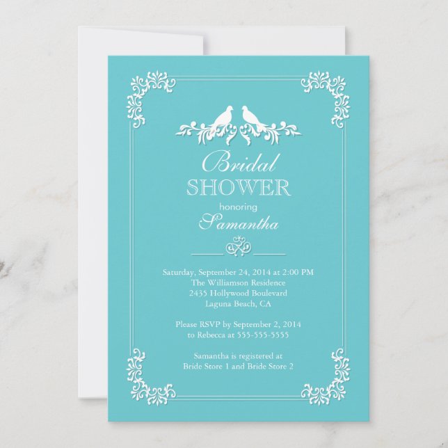 Invitación Elegantes Aves Azules Amor Ducha Bridal (Anverso)
