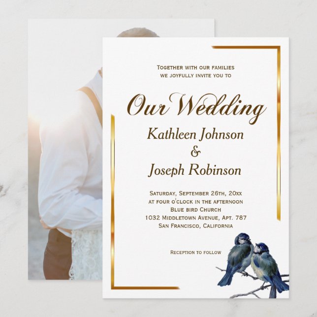 Invitación Elegantes aves grises azules en un Boda de sucursa (Anverso / Reverso)