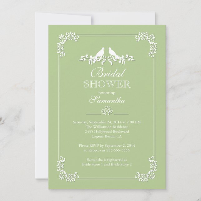 Invitación Elegantes Aves Verdes Amores Ducha De Novias (Anverso)