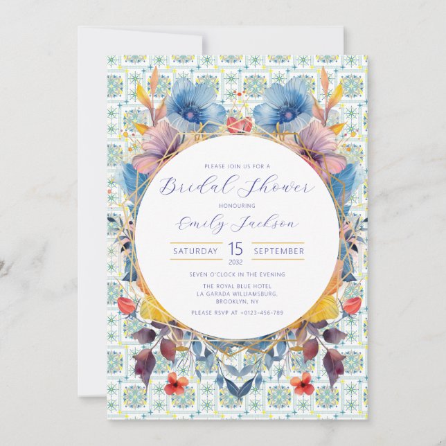 Invitación Elegantes Baldosas Marroquíes Azul Floral (Anverso)