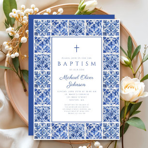Invitación Elegantes baldosas mediterráneas Bautizo de niño