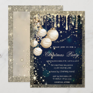 Invitación Elegantes bolas de Navidad Drips Gold Blue Navidad