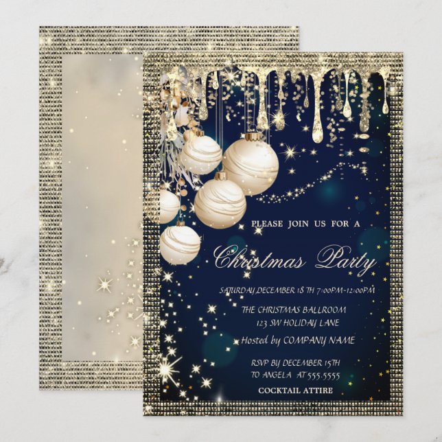 Invitación Elegantes bolas de Navidad Drips Gold Blue Navidad (Anverso / Reverso)