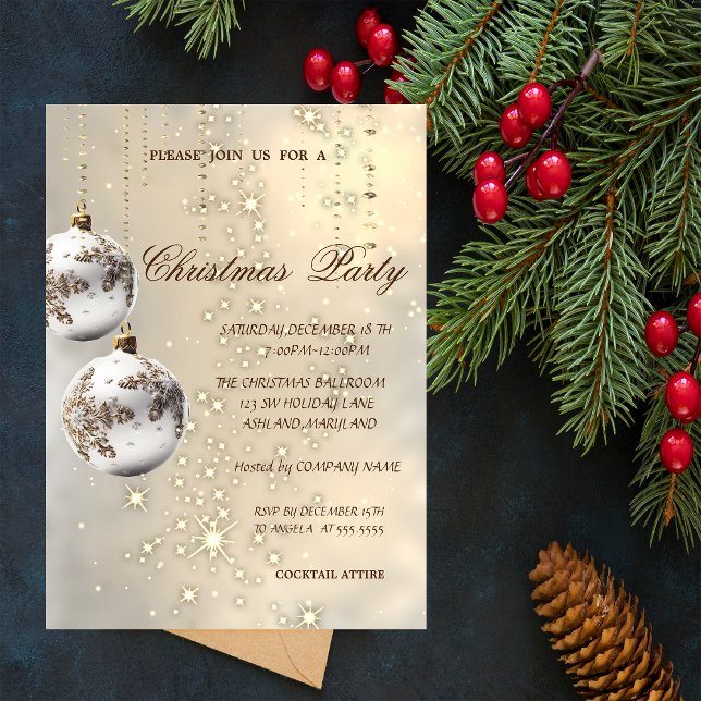 Invitación Elegantes bolas de Navidades blancos, Fiesta Navid (Subido por el creador)