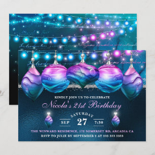 Invitación Elegantes borlas de sirena azules y moradas Cumple
