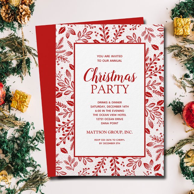 Invitación Elegantes Botánicos Rojos Fiesta de Navidad (Elegant red botanicals Christmas party invitations, PRINTED and/or INSTANT DOWNLOAD)