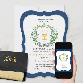 Invitación Elegantes Boys Navy Floral Primera Comunión Santa