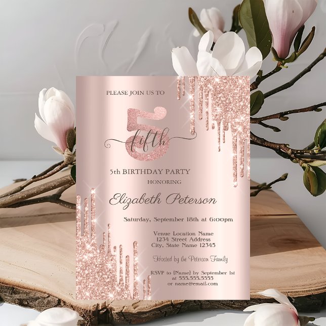 Invitación Elegantes Brillos que Caen Rosa Dorado Cumpleaños  (Subido por el creador)