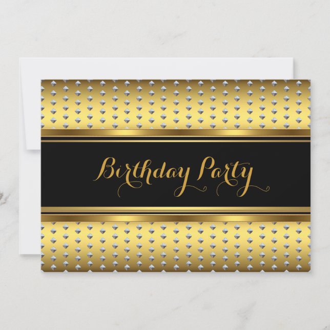 Invitación Elegantes Broches de Cumpleaños de Oro Negro Plata (Anverso)