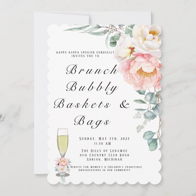 Invitación Elegantes brunch y bubbly de peones rosados (Anverso)