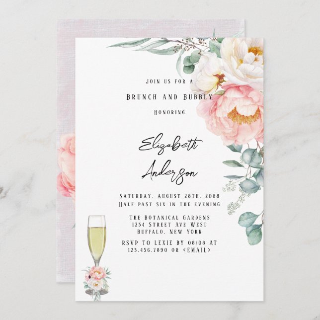 Invitación Elegantes brunch y bubbly de peones rosados (Anverso / Reverso)