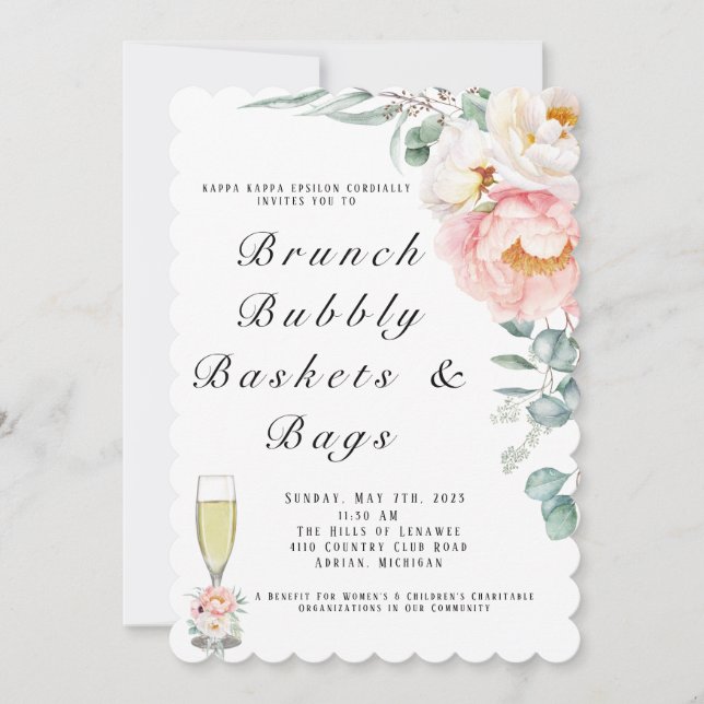 Invitación Elegantes brunch y bubbly de peones rosados (Anverso)