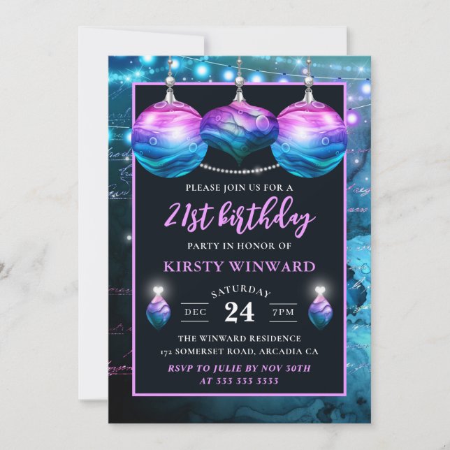 Invitación Elegantes Burbujas de Sirena Azules y Moradas de C (Anverso)