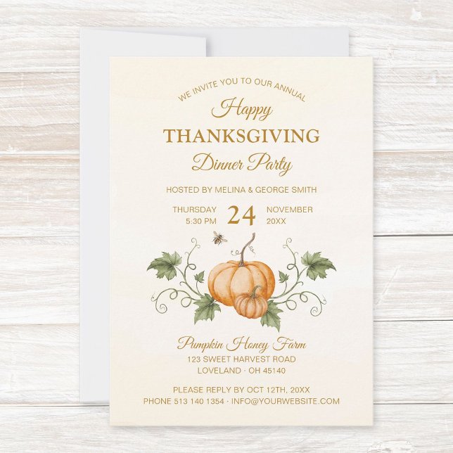 Invitación Elegantes calabazas acuarelas y el Día de Acción d (Elegant watercolor Happy Thanksgiving invitation with handdrawn pumpkins, leaves. Back with QR code.)