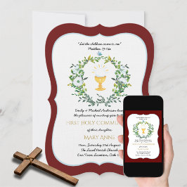 Invitación Elegantes Chicas Borgoña Floral Primera Santa Comu