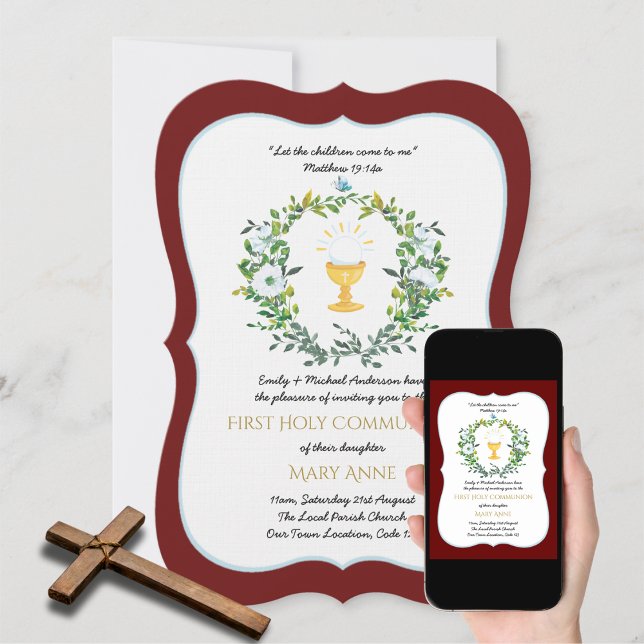 Invitación Elegantes Chicas Borgoña Floral Primera Santa Comu (Subido por el creador)