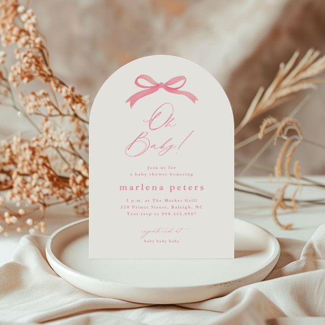 Invitación Elegantes Chicas de Bow Rosado Baby Shower (Simple hand painted pink bow script girls baby shower invitation.)