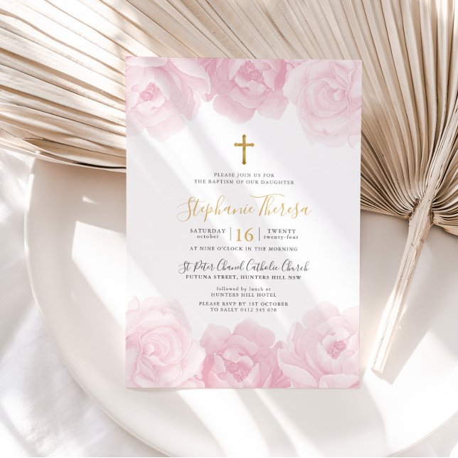 Invitación Elegantes Chicas de la Cruz de Oro Floral Rosa Bau (Pink Floral Girls Baptism Invitation)