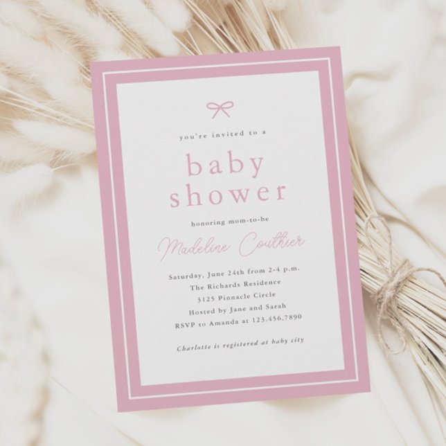 Invitación Elegantes Chicas simples de color rosa Baby Shower (Simple classic pink girls baby shower invitations.)
