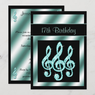 Invitación Elegantes Clefs de Sol Turquesa Cumpleaños 17