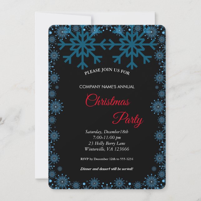 Invitación Elegantes Copos Azules Festivos (Anverso)