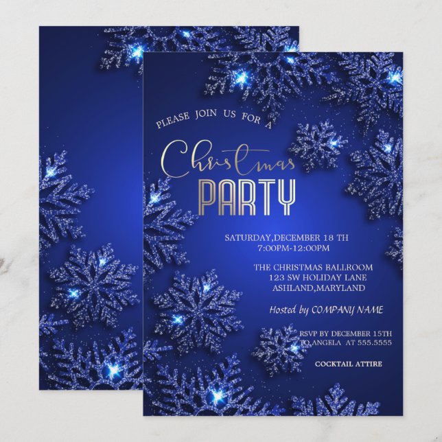 Invitación Elegantes copos de nieve azules Compañía de Navida (Anverso / Reverso)