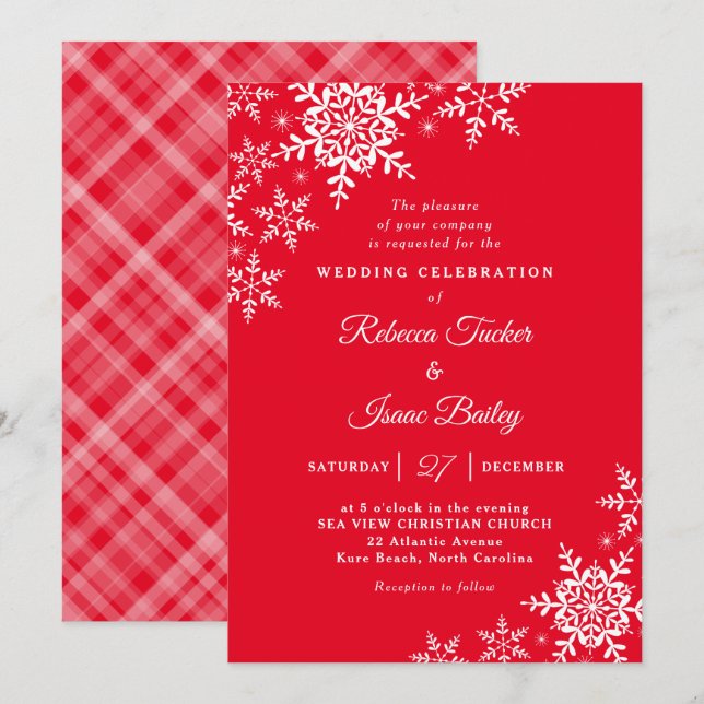 Invitación Elegantes copos de nieve, Boda de Navidades rojos (Anverso / Reverso)
