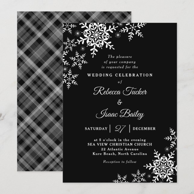 Invitación Elegantes copos de nieve con Boda blanco y negro (Anverso / Reverso)