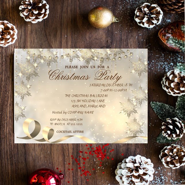 Invitación Elegantes copos de nieve de oro, Fiesta de Navidad (Subido por el creador)