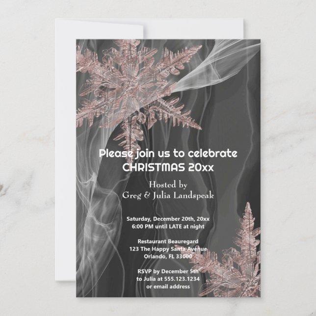 Invitación Elegantes copos de nieve de seda negra y cobre (Anverso)