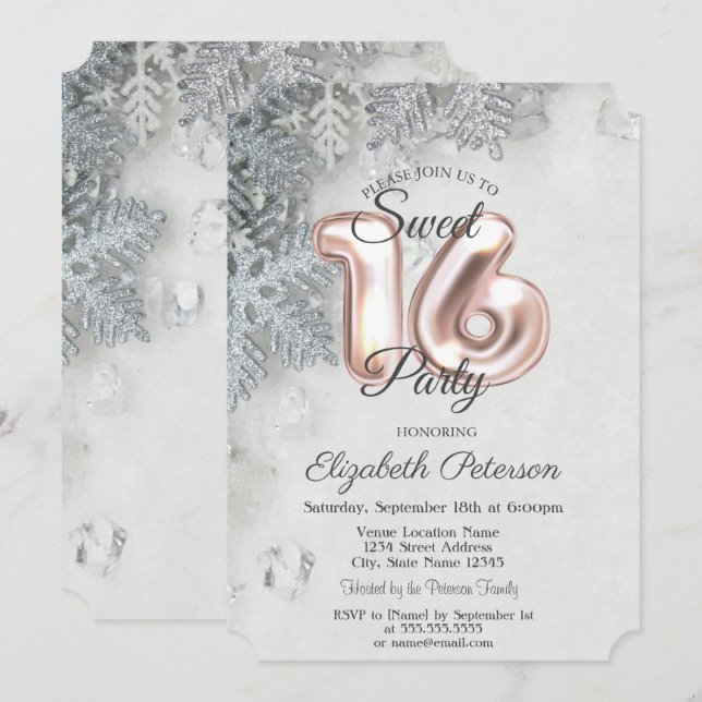 Invitación Elegantes copos de nieve dulce 16 (Anverso / Reverso)